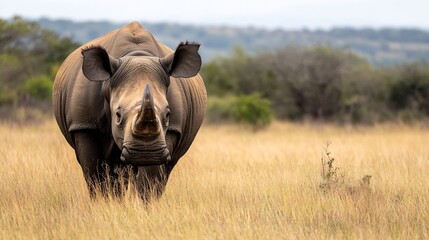 Poster - Majestic Rhinoceros Stands Proudly in its Natural Habitat Surrounded by Grasslands : Generative AI