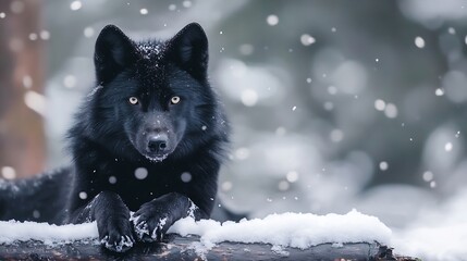 Poster - Intense black wolf resting on snowcovered log with snowflakes falling in a serene winter landscape : Generative AI