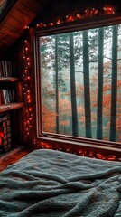 Poster - Cozy interior shot of a cabin with a warm blanket and a picturesque view of autumn trees outside : Generative AI