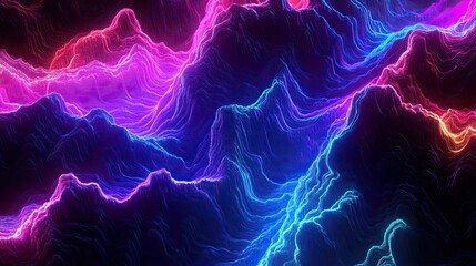 Poster - Vibrant neon sound waves pulsing with energy, featuring a multicolor gradient on a black background for a dynamic visual effect.