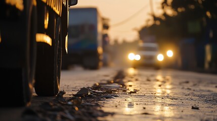Poster - Low Angle View of Street with Vehicles Against a Backdrop of a Sunset : Generative AI