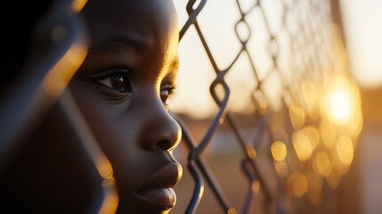 Aufkleber - Child's gaze through a fence at sunset capturing the essence of longing and hope amid challenges : Generative AI