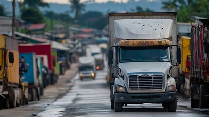 Poster - Long line of colorful trucks parked on a rural road showing hustle and bustle of transportation logistics : Generative AI