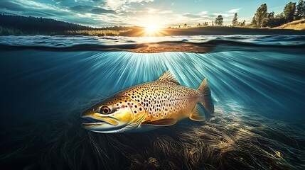 Aufkleber - Underwater view of a brown trout swimming in clear waters at sunset : Generative AI