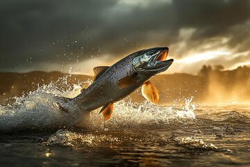 Aufkleber - Dynamic salmon leaps from water creating a stunning splash with a dramatic sky backdrop : Generative AI