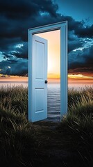 Poster - Surreal landscape featuring a mystical door opening to a stunning ocean view : Generative AI