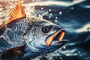 Aufkleber - Powerful fish splashing water while jumping out of the surface in morning light : Generative AI