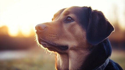 Poster - Beautiful Dog Gazing into the Horizon During Sunset with Golden Light : Generative AI