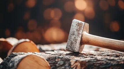 Poster - Rustic wooden logs stacked with a hammer resting on top capturing the beauty of natural craftsmanship : Generative AI