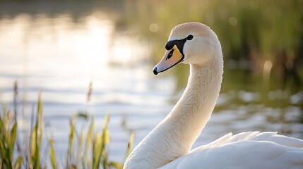 Poster - Majestic swan swimming gracefully in the serene waters reflecting the golden sunlight : Generative AI
