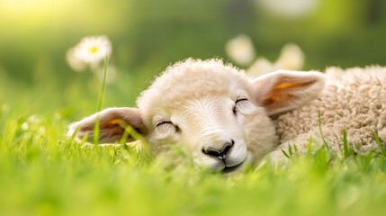 Poster - Sweet lamb peacefully dozing off under the warm sun amidst blooming flowers and fresh grass : Generative AI