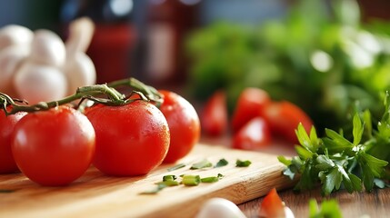 Aufkleber - Fresh Organic Tomatoes and Green Herbs on a Wooden Cutting Board Ready for Cooking : Generative AI