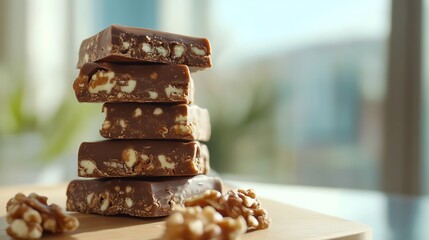 Poster - Artfully Stacked Chocolate Bars with Walnuts on a Wooden Surface in a Bright Setting : Generative AI