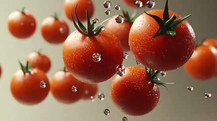 Poster - Fresh ripe tomatoes floating with water droplets creating an appetizing view : Generative AI