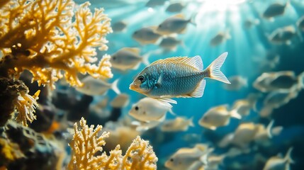 Wall Mural - Vibrant Underwater Scene Featuring Colorful Fish Swimming Among Coral Reefs in Clear Tropical Water : Generative AI