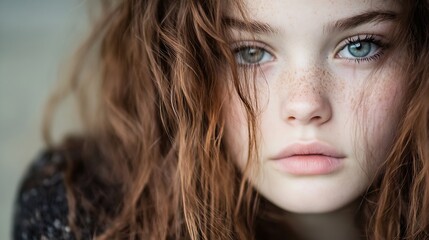 Aufkleber - Closeup portrait of a young girl with striking features and beautiful curly hair : Generative AI