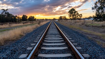 Aufkleber - Beautiful sunset view along railway track surrounded by nature and trees : Generative AI