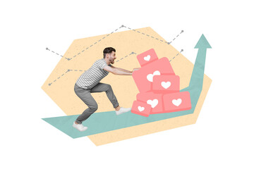 Poster - Creative photo collage of crazy screaming blogger pushing likes arrow pointing popularity growth up isolated on beige color background