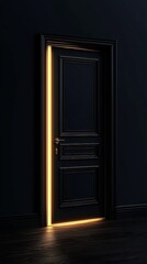 Poster - Elegant black door with warm glowing light creating an inviting atmosphere in a dark interior setting : Generative AI