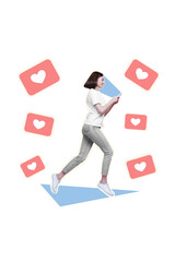 Leinwandbilder - Vertical collage picture of positive girl running hold use telephone receive like notifications isolated on blue background