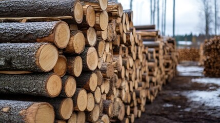 Poster - Stacked logs ready for timber production in a scenic forest setting under cloudy skies : Generative AI