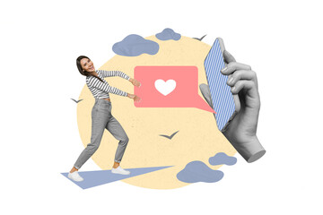 Poster - Collage photo of young attractive pretty blogger girlish lady wear striped pullover jeans hold big like message smartphone display isolated on painted background