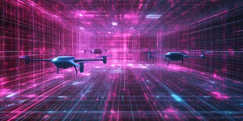 Poster - Multiple high-tech drones navigating through a vibrant digital environment with neon light effects : Generative AI