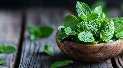 Poster - Fresh mint leaves arranged in a wooden bowl on a rustic table offering vibrant green color : Generative AI