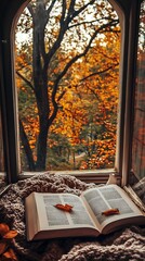 Poster - Open book on a cozy windowsill surrounded by autumn leaves and vibrant fall colors visible outside : Generative AI