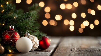 Aufkleber - Festive Christmas Decorations with Ornaments and Soft Lights on Rustic Wooden Table : Generative AI