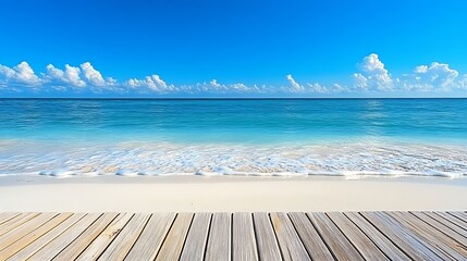 Aufkleber - Calm Waters and Gentle Waves at Beautiful Beach with Wooden Deck Under Bright Sunny Sky : Generative AI