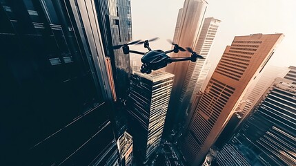 Aufkleber - Close up view of a drone navigating through an urban core surrounded by skyscrapers : Generative AI