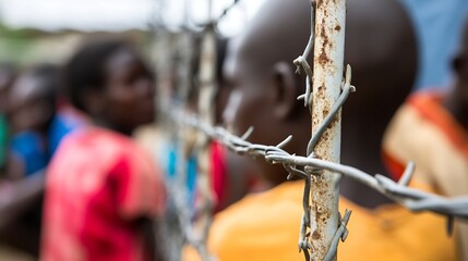 Poster - Powerful image of individuals behind a rusty barbed wire fence conveying a sense of confinement and struggle : Generative AI