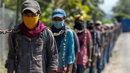 Poster - Dramatic scene of chained individuals wearing masks highlighting the issues of labor and freedom during a pandemic : Generative AI