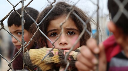 Aufkleber - Emotionally charged portrait of a young girl behind a fence showcasing vulnerability and hope : Generative AI