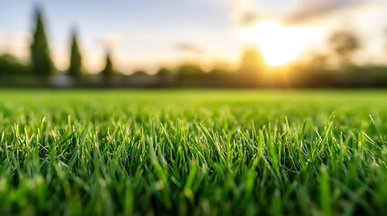 Poster - Close up view of lush green grass illuminated by warm sunlight during a peaceful evening : Generative AI