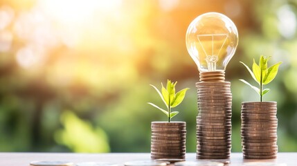 Poster - Bright lightbulb glowing over stacks of coins symbolizing energy saving and financial growth : Generative AI