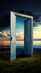 Aufkleber - Mysterious door leading to a serene waterscape under a dramatic sky : Generative AI