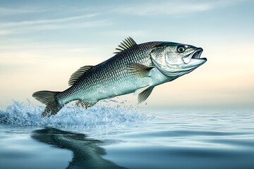 Aufkleber - Exciting scene of a bass fish leaping out of calm waters at sunset capturing nature's beauty : Generative AI