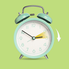 Poster - Daylight saving time. Turquoise alarm clock on light green background. Highlighted area and arrow showing time change by one hour forward