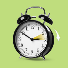 Poster - Daylight saving time. Black alarm clock on light green background. Highlighted area and arrow showing time change by one hour forward