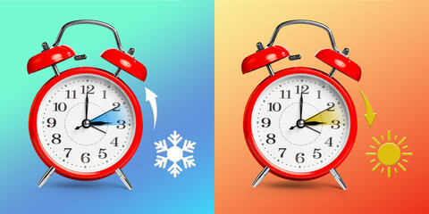 Poster - Daylight saving time. Red alarm clocks on color background, collage. Highlighted areas and arrows showing time change by one hour forward and back