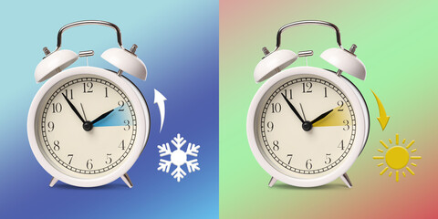 Poster - Daylight saving time. White alarm clocks on color background, collage. Highlighted areas and arrows showing time change by one hour forward and back