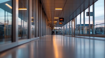 Poster - Modern Airport Terminal Corridor With Large Windows and Travelers Passing Through : Generative AI