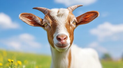 Poster - Cute goat with funny expression looking directly at the camera against bright blue sky : Generative AI