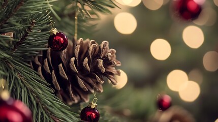 Aufkleber - Beautiful close up of pine cone and Christmas ornaments on evergreen tree with blurred lights : Generative AI