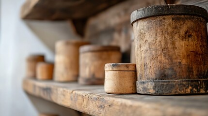 Aufkleber - Rustic wooden containers arranged on a shelf showcasing a vintage aesthetic in a warm setting : Generative AI