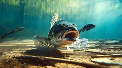 Poster - Dynamic underwater scene showcasing a fish in motion with crystal clear water around : Generative AI