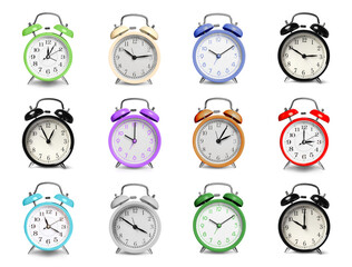 Wall Mural - Different alarm clocks isolated on white, set