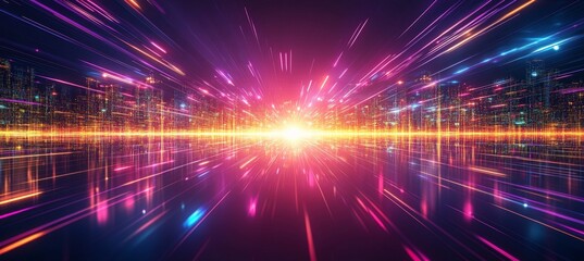 Poster - Vibrant Neon Tunnel, Light Streaks, Reflective Floor, Dynamic Composition, Abstract Background